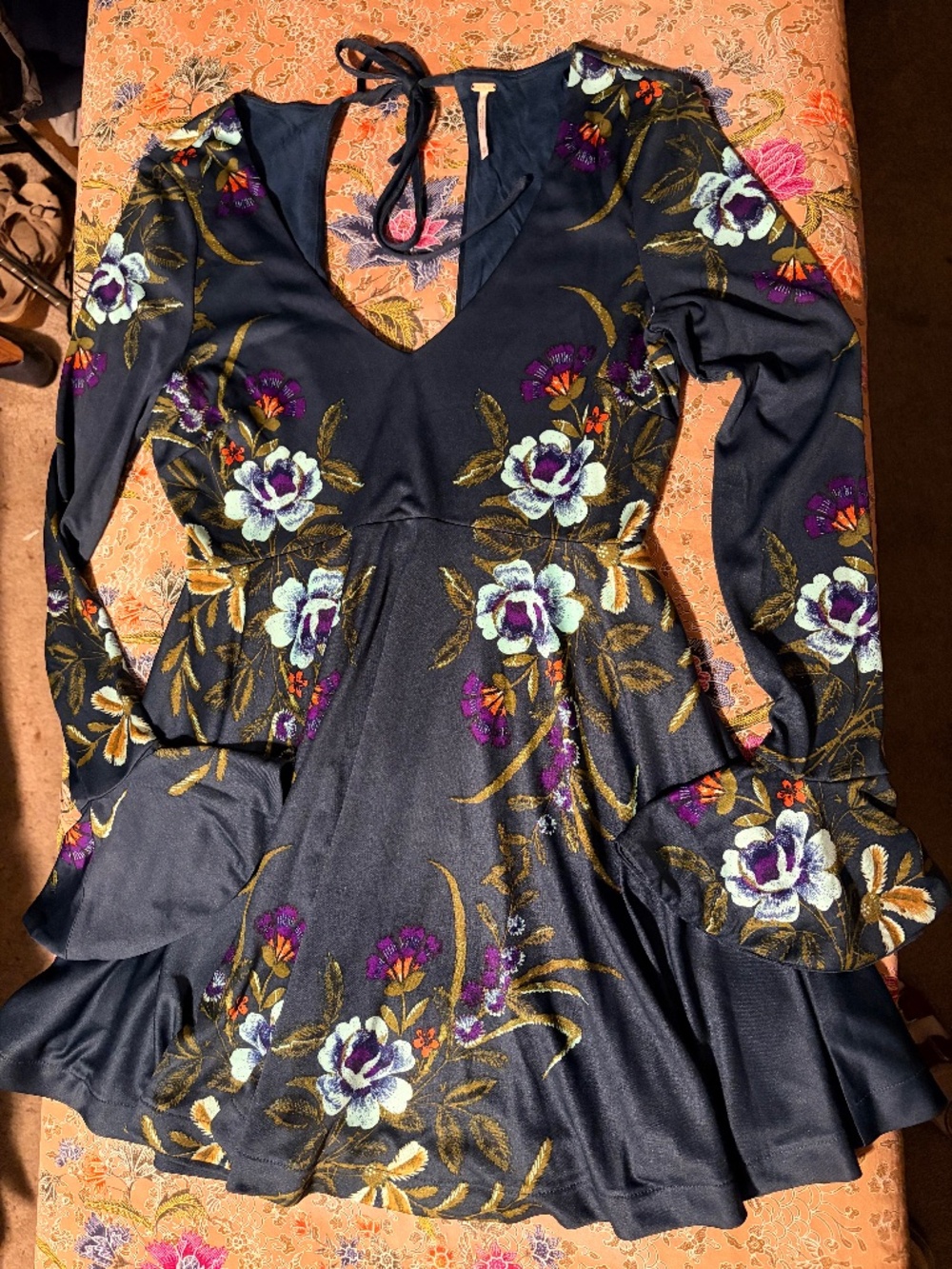 Free people navy blue floral backless mini dress NWOT
